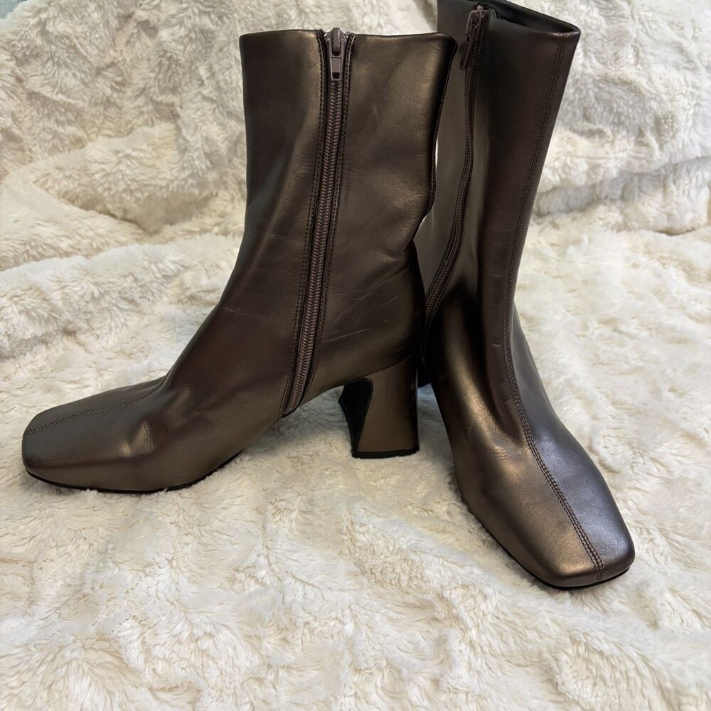 Jeffrey Campbell Bronze Metallic Square Toe Block Heel Ankle Boots Size 5.5